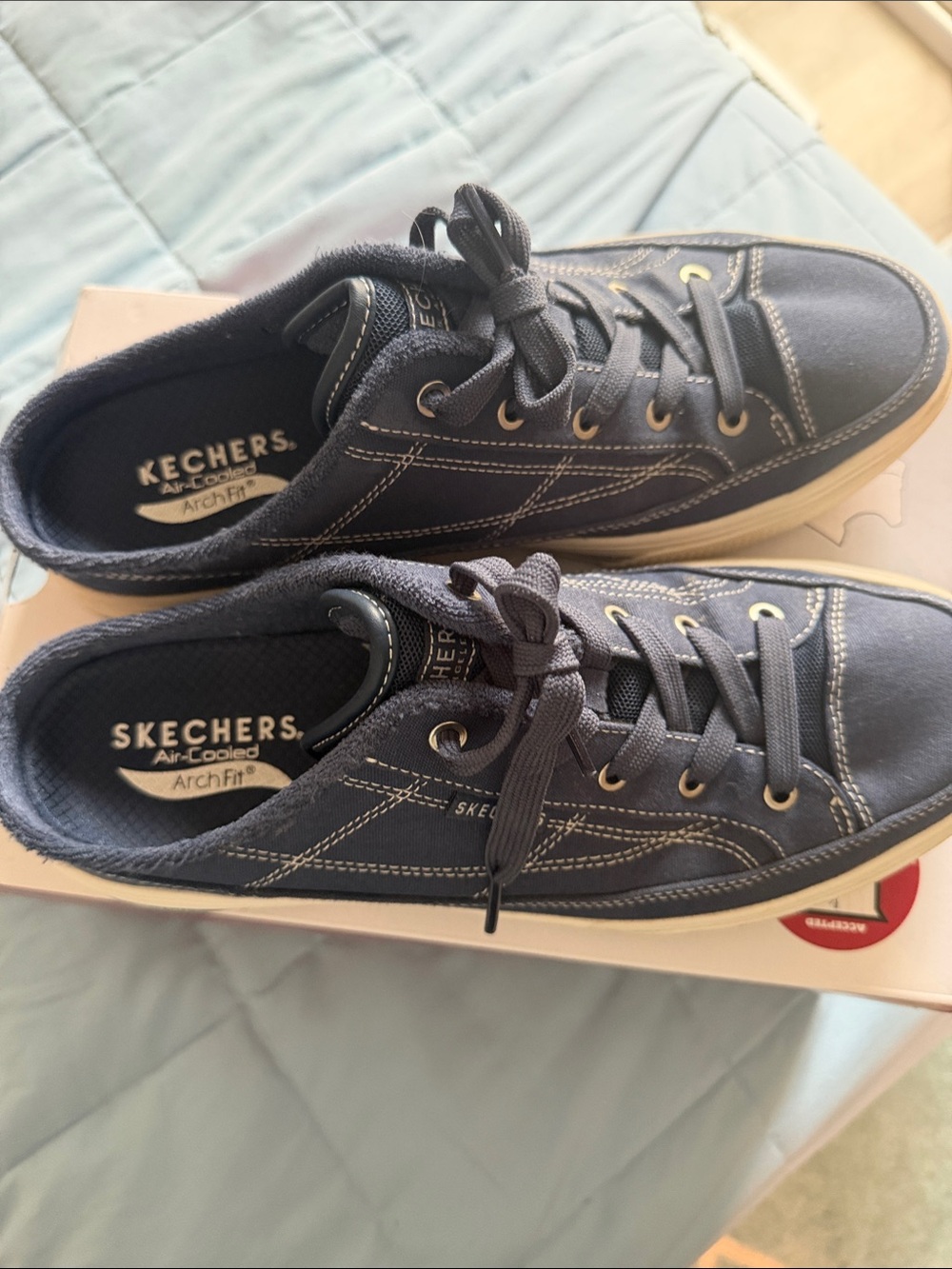 Women’s Skechers ArchFit Navy Mule Canvas Lace-Up Sneakers